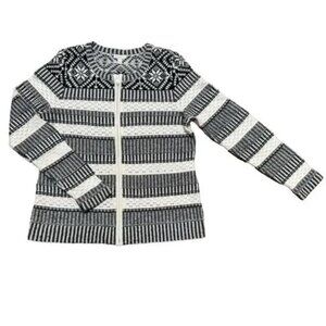 Talbots Fair Isle Nordic Black White Front Zip Round Neck Cardigan Sweater